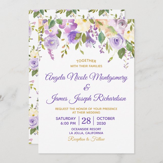 Convite Casamento Floral de Dourada Cor de Água Púrpura El (Frente/Verso)