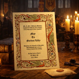 Convite Casamento Floral de Dragões em Estilo Medieval Vin