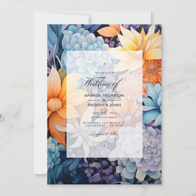 Convite Casamento Floral de Dusty Blue e Orange (Frente)