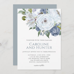 Convite Casamento Floral de Dusty Blue e White Watercolor