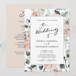 Convite Casamento Floral de Dusty Rosa com tudo em uma Cal