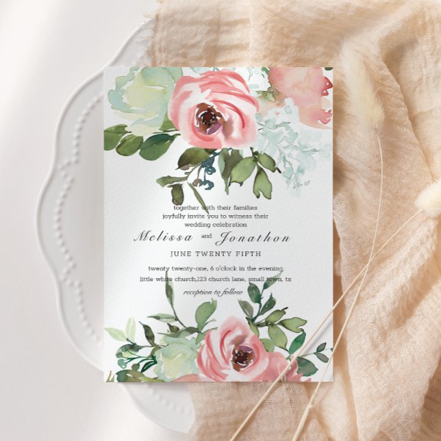 Convite Casamento Floral de Eggshell e Blush (Criador carregado)
