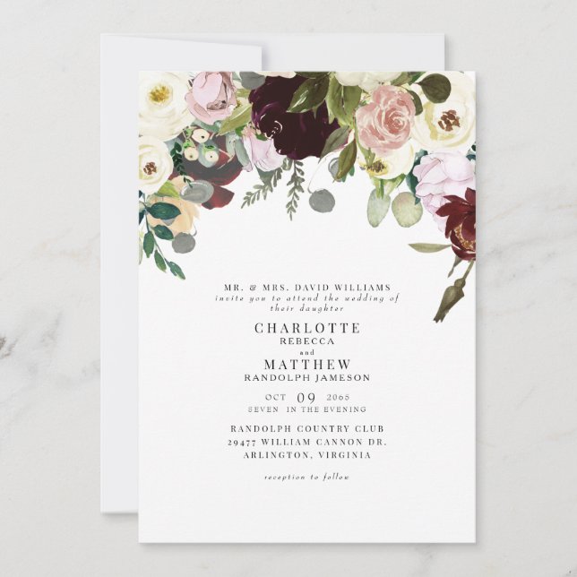 Convite Casamento Floral de Elegance Dusty Rosa e Burgundy (Frente)