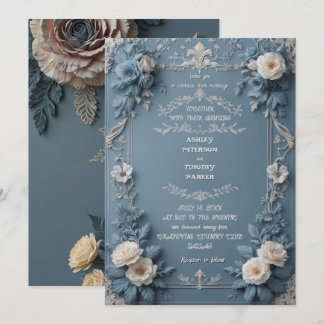 Convite Casamento Floral de Elegante Azul Vintage Invitati
