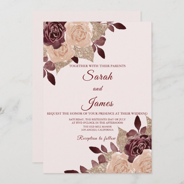 Convite Casamento Floral de Elegante Burgundy Rosa Glitter (Frente/Verso)