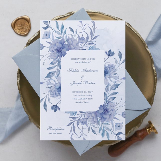 Convite Casamento Floral de Elegante Dusty Chinoiserie Blu (Criador carregado)