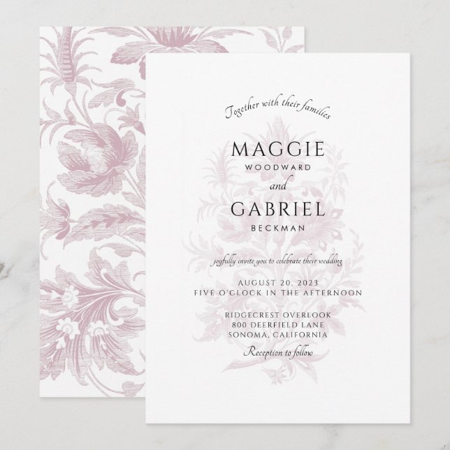 Convite Casamento Floral de Elegante Dusty Rosa (Frente/Verso)