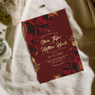Convite Casamento Floral de Elegante Red Burgundy e Rosas 