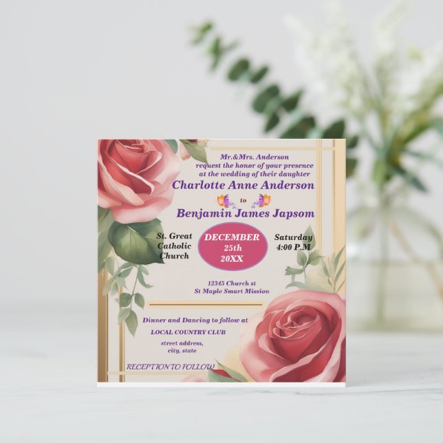 Convite Casamento Floral de Elegante Rosa (Em pé/Frente)