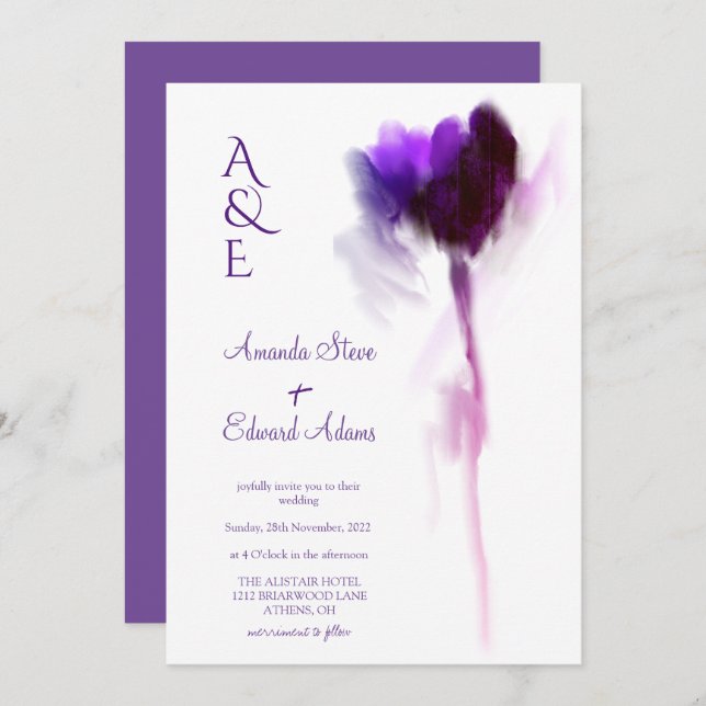 Convite Casamento Floral de Elegante Violet Tulip (Frente/Verso)