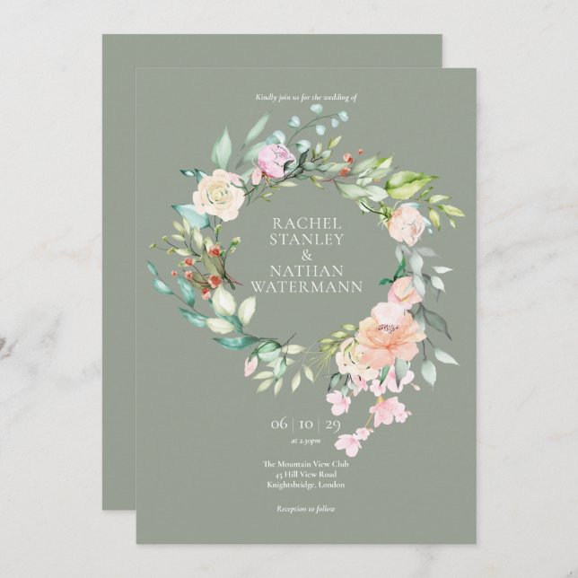 Convite Casamento Floral de Elegante Watercolor Greenery (Frente/Verso)