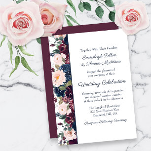 Convite Casamento Floral de Embriões  Azul Marinho Borgon