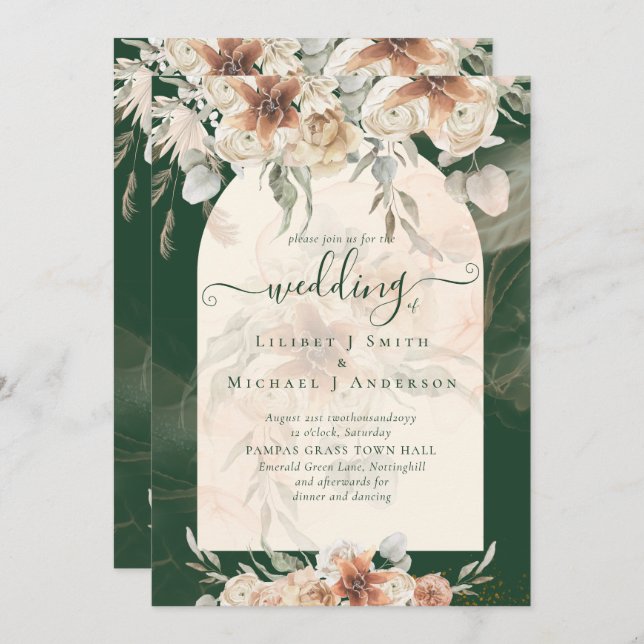 Convite Casamento Floral de Emerald Green BOHO Terracotta (Frente/Verso)