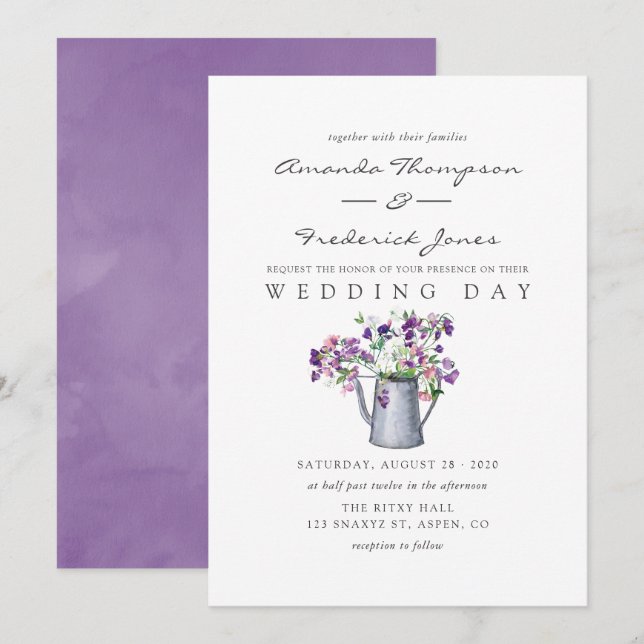Convite Casamento Floral de Ervilha-Doce em Aquarela (Frente/Verso)
