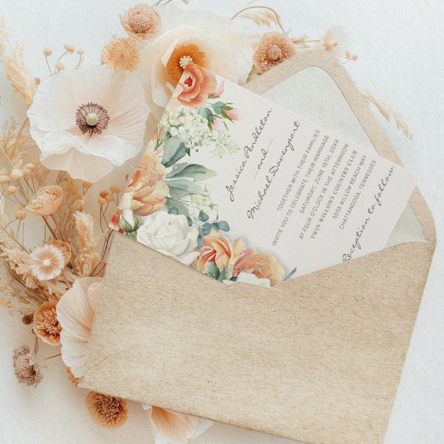 Convite Casamento Floral de Eucalipto Branco com Rosa Eleg (Elegant peach and cream-colored watercolor floral wedding invitation)