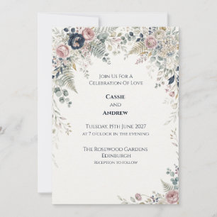 Convite Casamento Floral de Eucalipto Rosa Naval