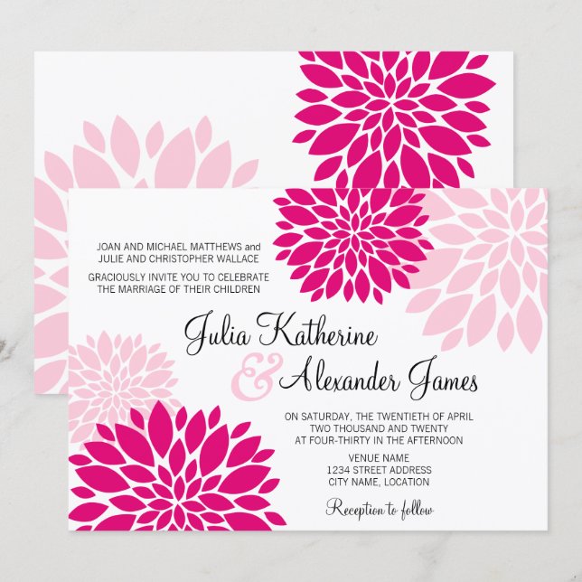 Convite Casamento Floral de Explosão Floral Elegante Fuchs (Frente/Verso)