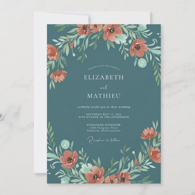 Convite Casamento Floral de Ferrugem Azul Aço (Frente)