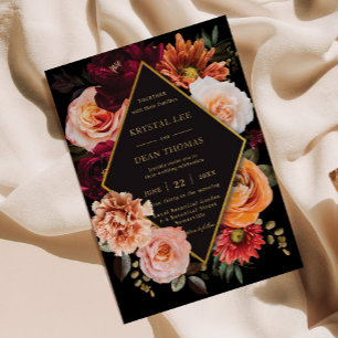 Convite Casamento Floral de Ferrugem Laranja Escuro Moody