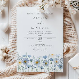 Convite Casamento Floral de Flor Silvestre Azul Empoeirado