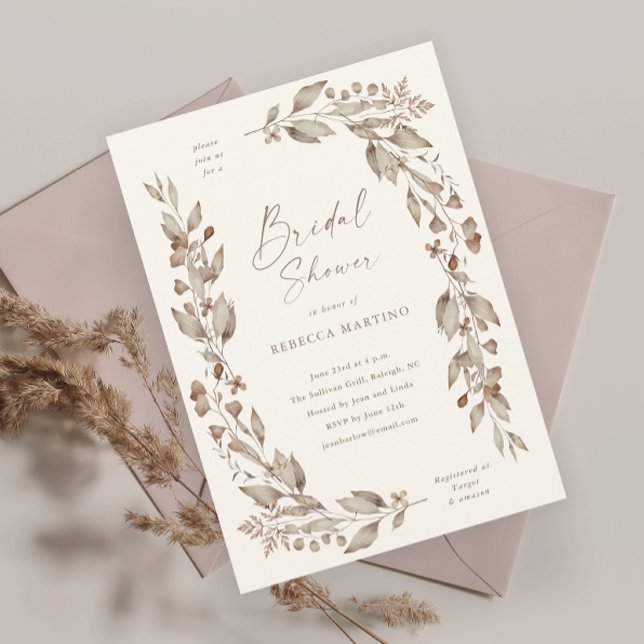 Convite Casamento Floral de Flor Silvestre Boho Chuveiro N (Boho wildflower floral elegant ivory wedding bridal shower invitation.)