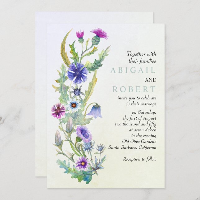 Convite Casamento floral de flor silvestre de aquarela (Frente/Verso)