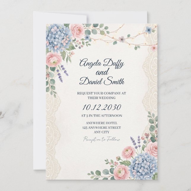 Convite Casamento Floral de Flor Silvestre Pastel (Frente)