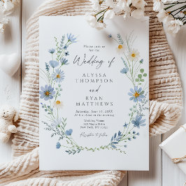 Convite Casamento Floral de Flor Silvestre Verde Sálvia Az