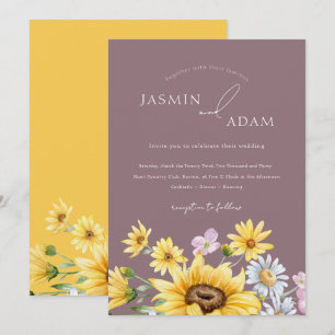 Convite Casamento Floral de Flores Amarelas Roxas de Verão