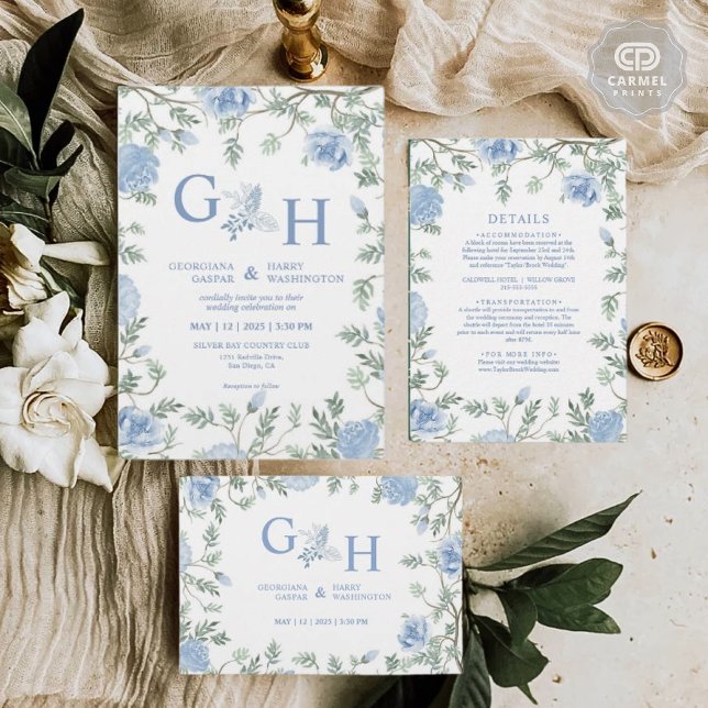 Convite Casamento Floral de Flores Azuis de Cola Branca (White Light Soft Paste Blue Flowers Floral Wedding Invitation)