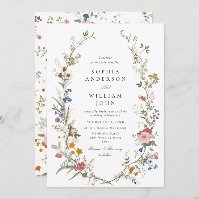 Convite Casamento Floral de Flores Selvagens de Aquarela E (Frente/Verso)