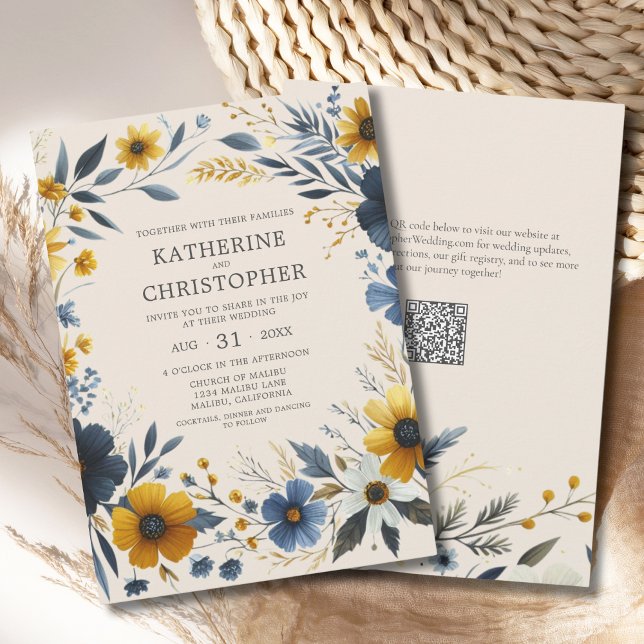 Convite Casamento Floral de Flores Selvagens de Aquarela E (Elegant Watercolor Wildflowers Floral Wedding Invitation with Blue and Yellow Wildflowers, QR Code.)