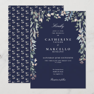 Convite Casamento Floral de Flores Silvestres Azuis Marinh