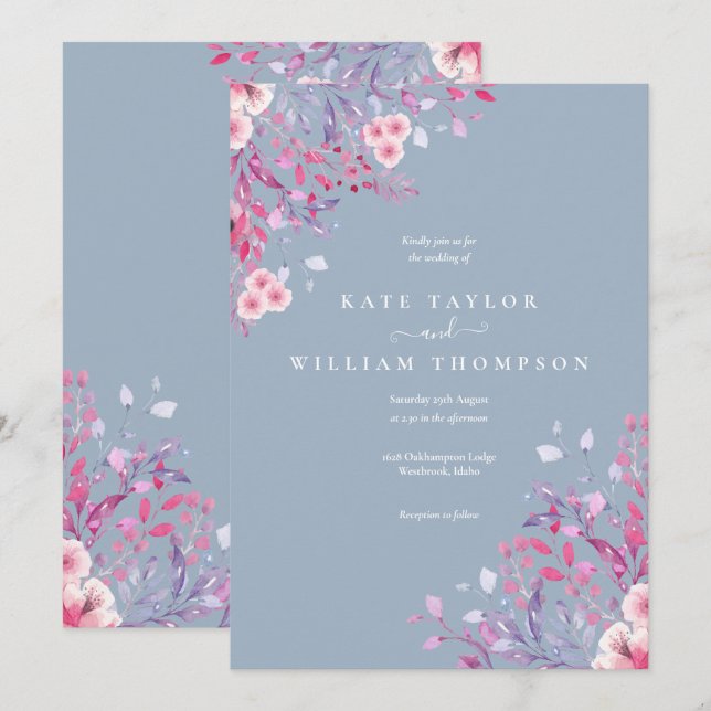 Convite Casamento Floral de Flores Silvestres Azul Empoeir (Frente/Verso)