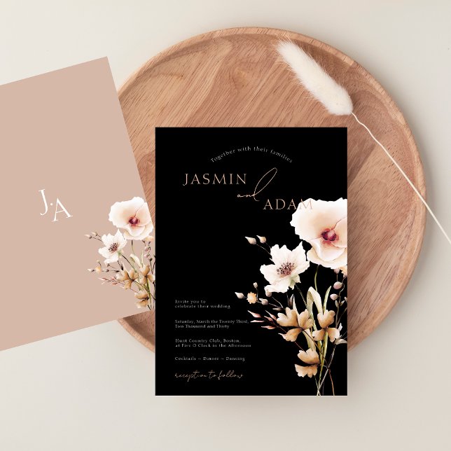 Convite Casamento Floral de Flores Silvestres com Rosa Ele (Simple Black Pink Wildflowers Floral Wedding Invitation)