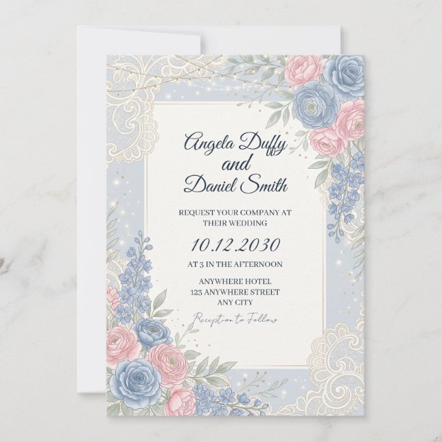 Convite Casamento Floral de Flores Silvestres Pastel (Frente)
