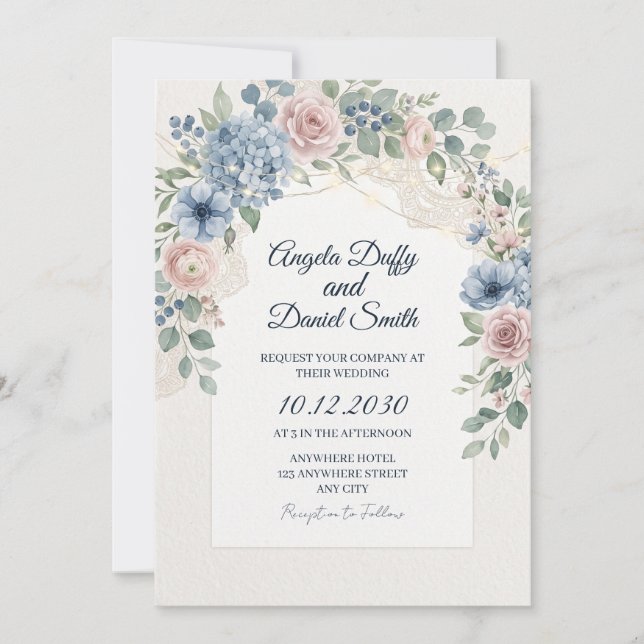 Convite Casamento Floral de Flores Silvestres Pastel (Frente)