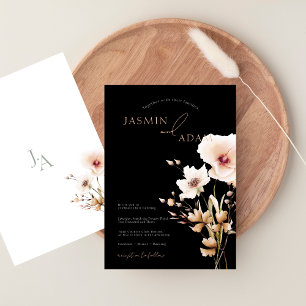 Convite Casamento Floral de Flores Silvestres Preto e Bran