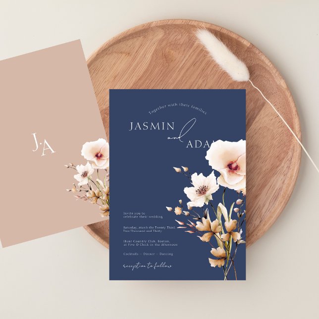 Convite Casamento Floral de Flores Silvestres Rosa Azul-Ma (Simple Navy Blue Pink Wildflowers Floral Wedding Invitation)