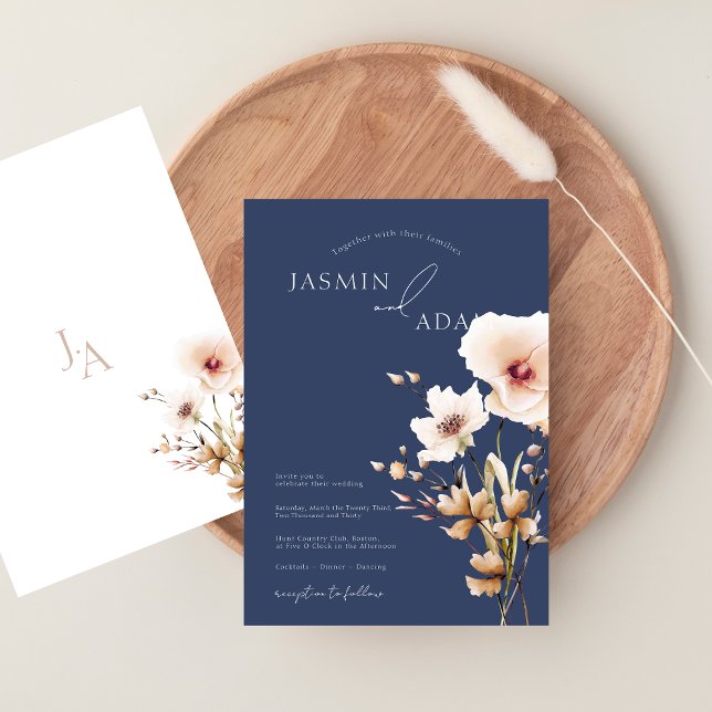 Convite Casamento Floral de Flores Silvestres Rosa Azul Na (Whimsical Navy Blue Pink Wildflowers Wedding Invitation)