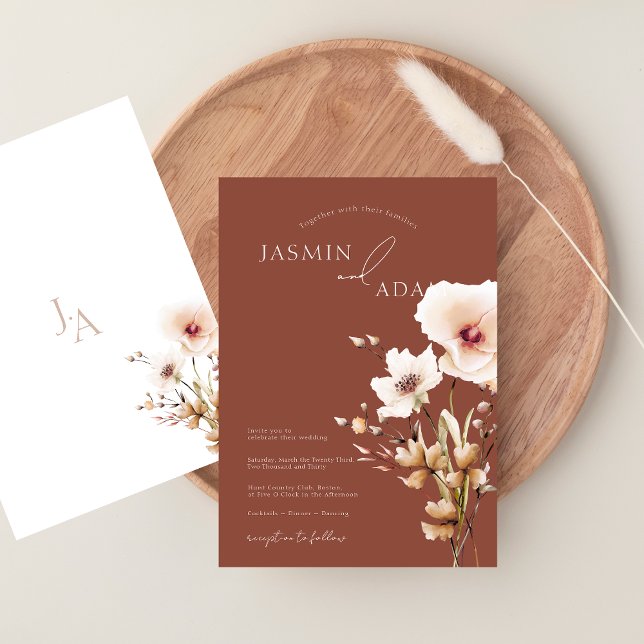 Convite Casamento Floral de Flores Silvestres Rosa Terraco (Whimsical Terracotta Pink Wildflowers Wedding Invitation)