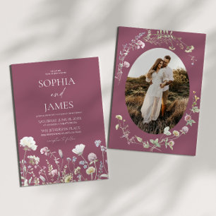 Convite Casamento Floral de Flores Silvestres Roxas Elegan