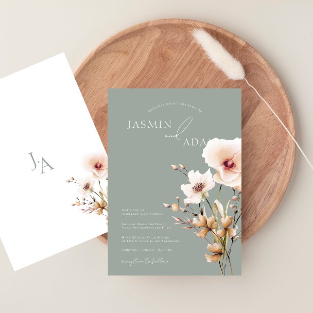 Convite Casamento Floral de Flores Vermelhos Rosa Simples (Simple Sage Green Pink Wildflowers Floral Wedding Invitation)