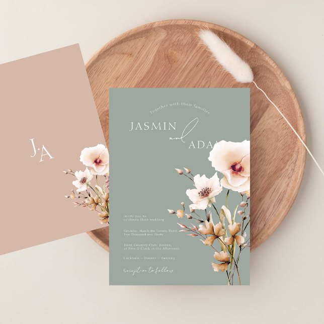 Convite Casamento Floral de Flores Vermelhos Rosa Simples (Simple Sage Green Pink Wildflowers Floral Wedding Invitation)