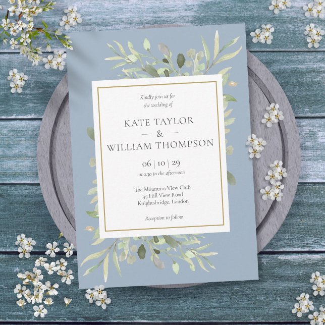 Convite Casamento Floral de Folhagem Azul Empoeirado (Dusty Blue Greenery Foliage Floral Wedding Invitation)