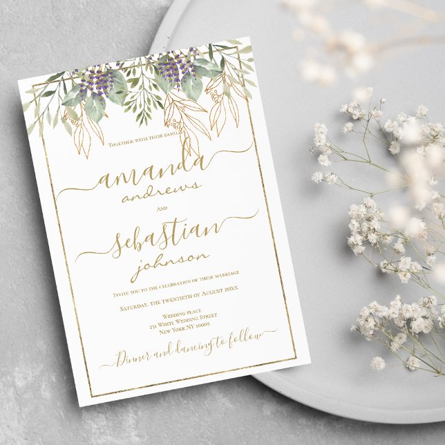 Convite Casamento floral de folhagem de ouro branco (White gold foliage floral calligraphy wedding )