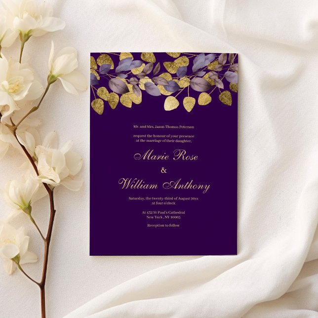 Convite Casamento floral de folhagem de ouro roxo lavanda (Lavender purple gold foliage floral Wedding )