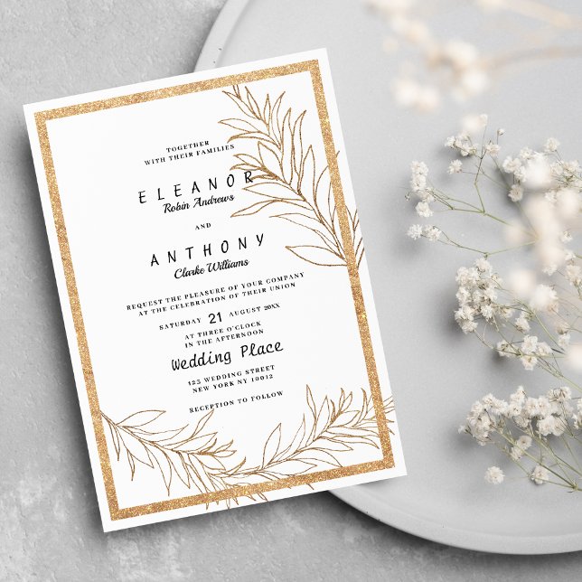 Convite Casamento floral de folhas brancas e douradas de l (Luxury white and gold glitter leaf floral Wedding )