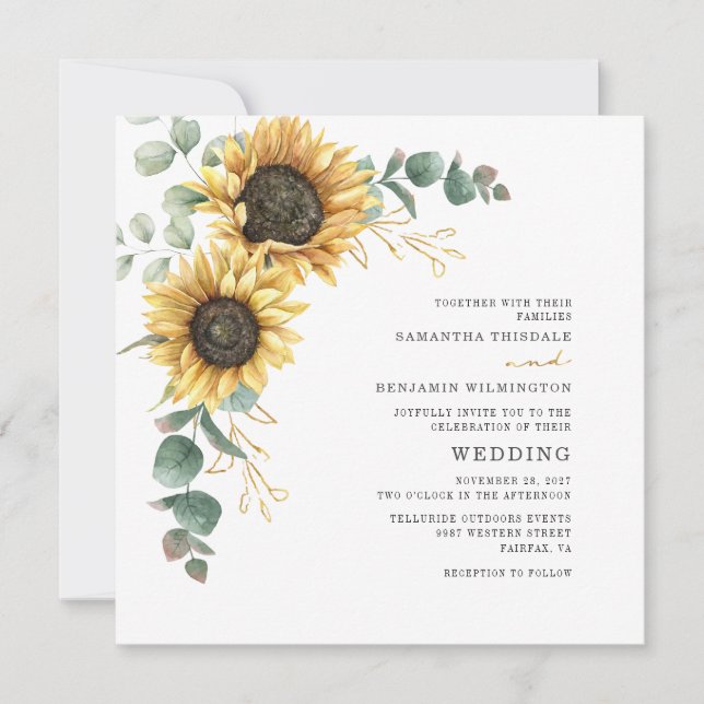 Convite Casamento Floral de Folhas de Eucalipto Girassol (Frente)