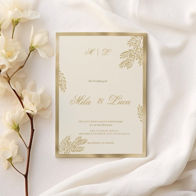 Convite Casamento floral de folhas de ouro de marfim de lu (Luxury ivory gold glitter leaf floral Wedding)